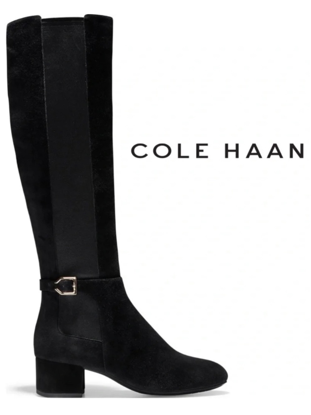 COLE HAAN Avani Stretch Black Suede Leather Over Knee Low Heel Riding Boots 8